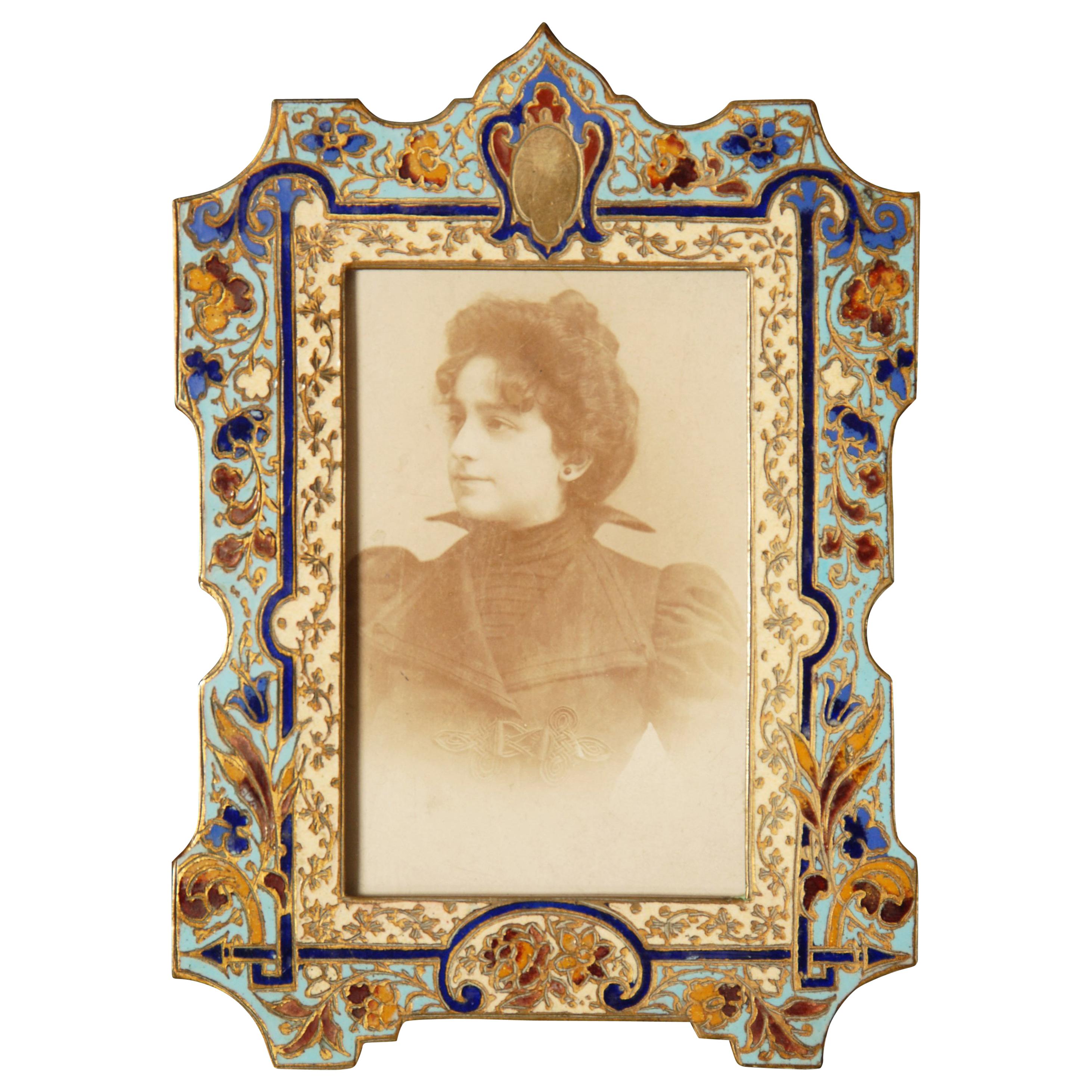 Antique French Champlevé Enamel on Gilt Brass Picture Frame For Sale