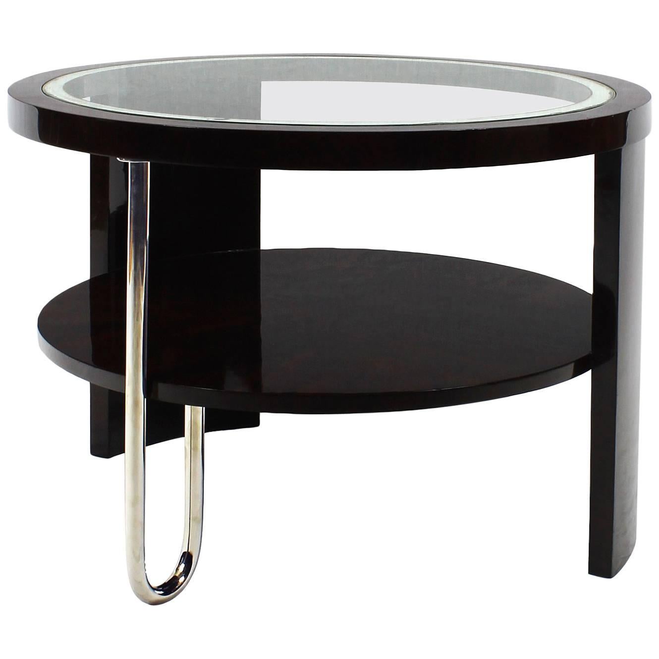 1930s Art Deco Tripod Side Table, Dark Rosewood, Chrome, Glass, Marquetry, Italy