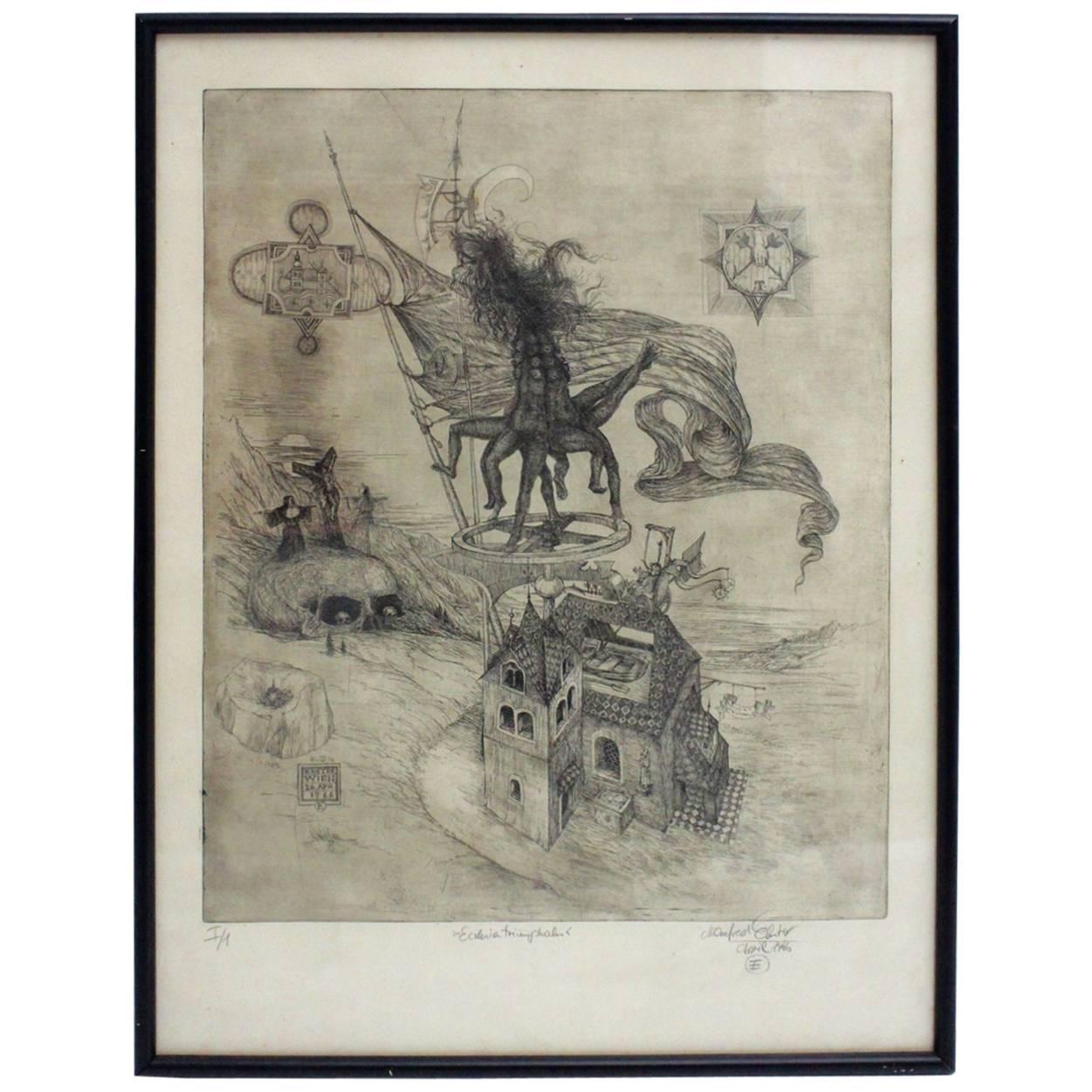 Black and White Surrealistic Etching by Manfred Ebster, Austria, 1966 For Sale