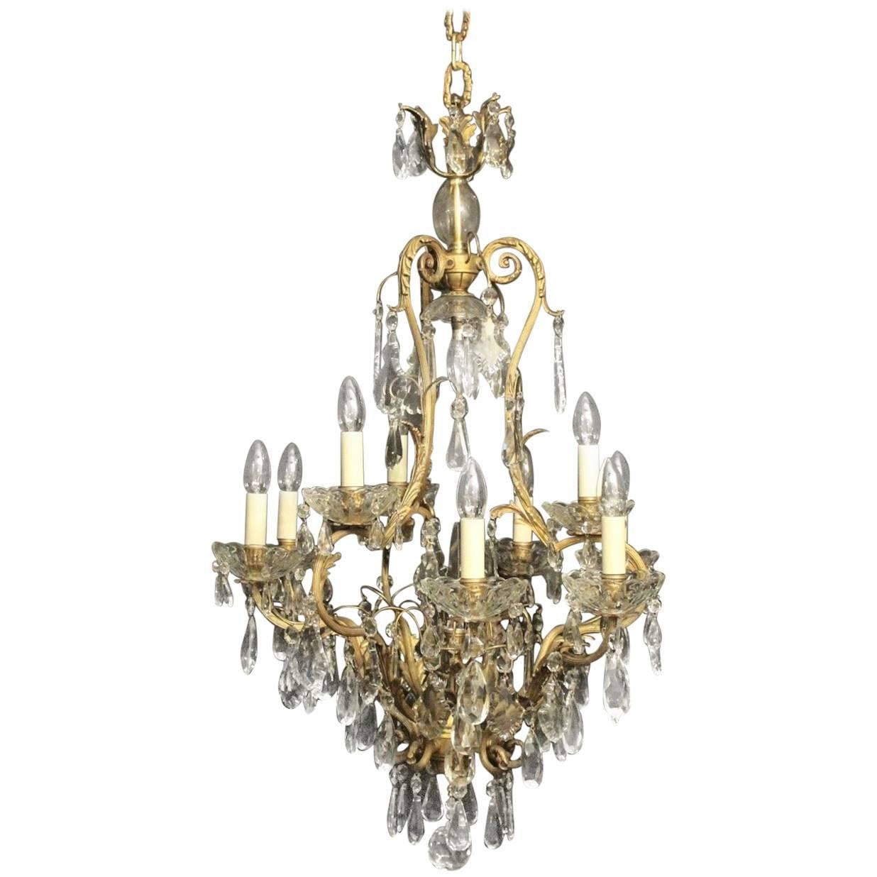 French Gilded Bronze and Crystal Ten-Light Antique Birdcage Chandelier
