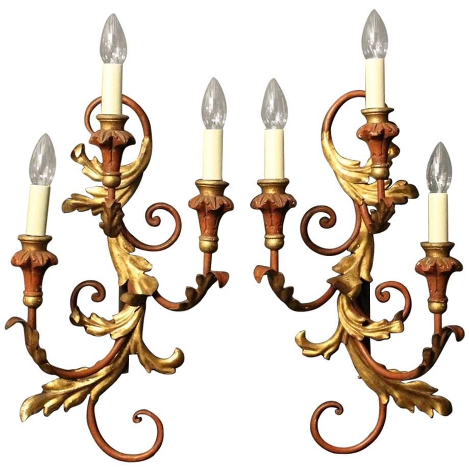 Florentine Pair of Triple Arm Polychrome Wall Lights