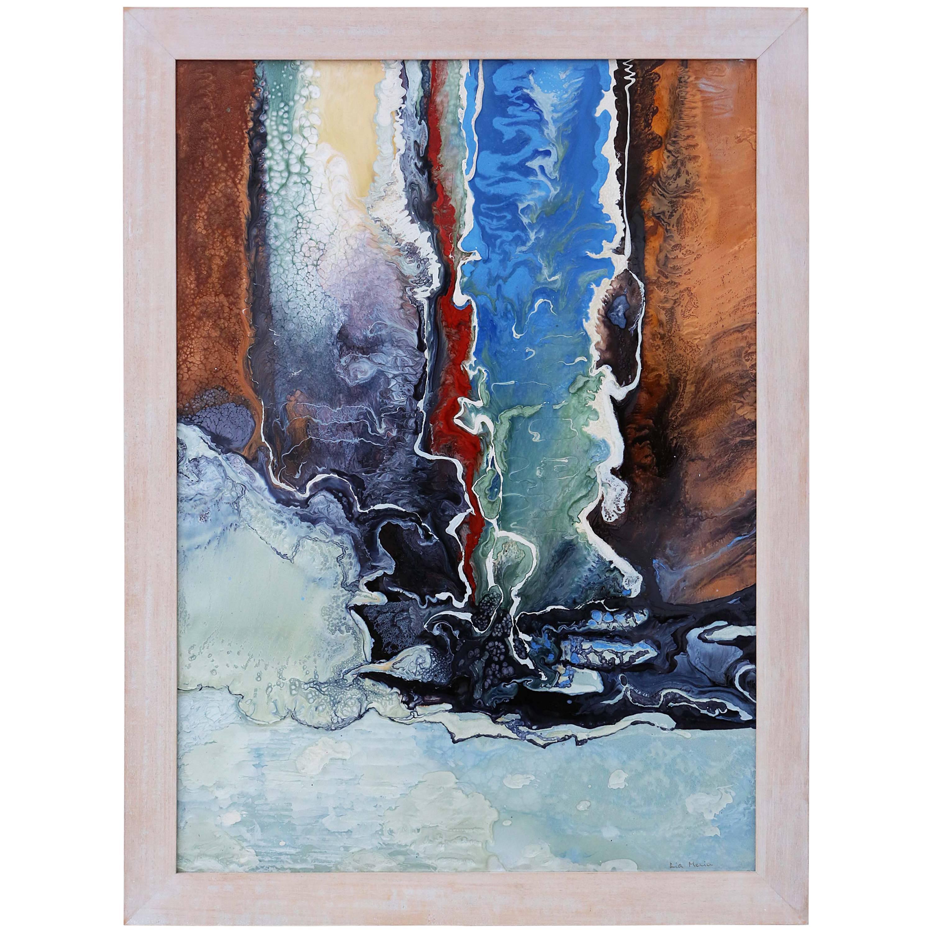Framed Original Glaze / Enamel Painting 'Waterway' by Lia Melia For Sale