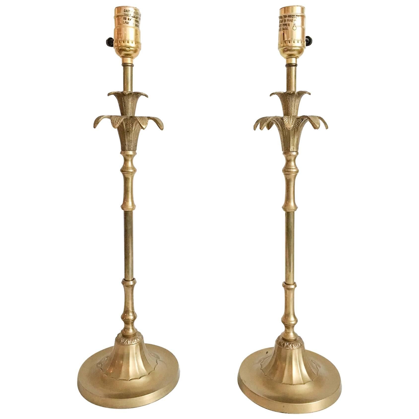 Chinoiserie Faux-Bamboo Palm Tree Brass Buffet Lamps, Pair