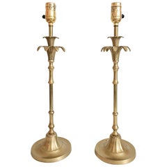 Vintage Chinoiserie Faux-Bamboo Palm Tree Brass Buffet Lamps, Pair