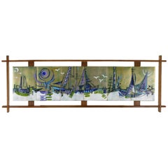 Vintage Six-Panel Enameled Brass Abstract Harbor Scene