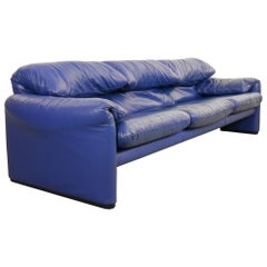 Cassina Maralunga Three-Seat Sofa in Blue Leather by Vico Magistretti