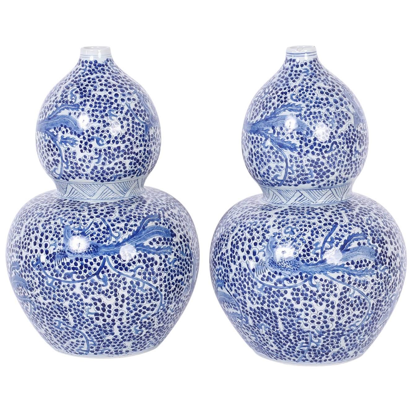 Pair of Chinese Export Style Blue and White Double Gourd Blue and White Vases