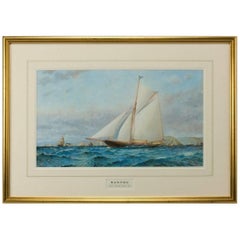 Watercolor of Gaff Rigged Racing Cutter Xanthe off Dartmouth by Barlow Moore