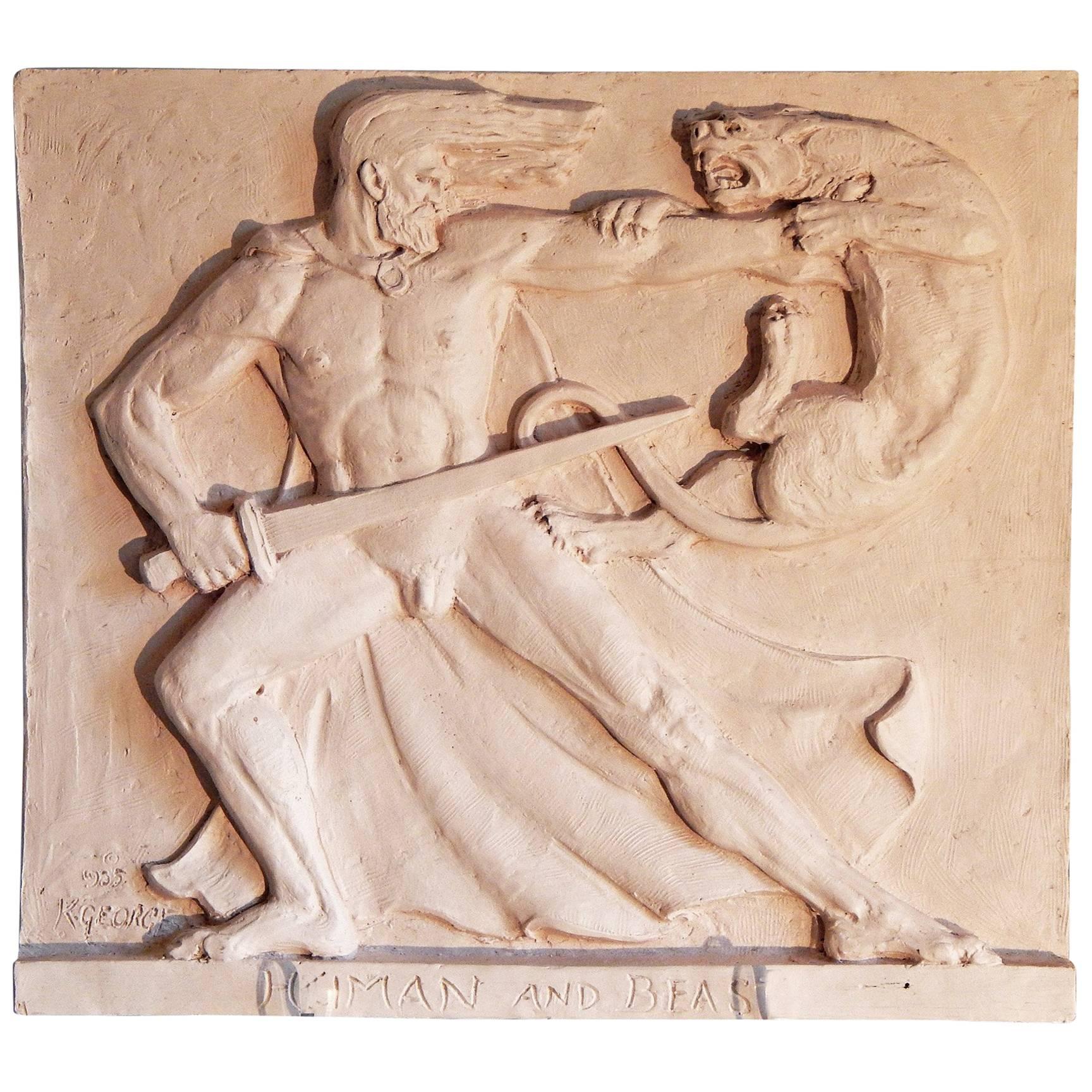 "Hercules and the Nemean Lion" Dramatic Art Deco Sculptural Panel with Nude Male