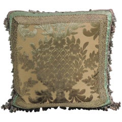 19th Century Green and Gold Silk Velvet Decorative Pillow with Tassels