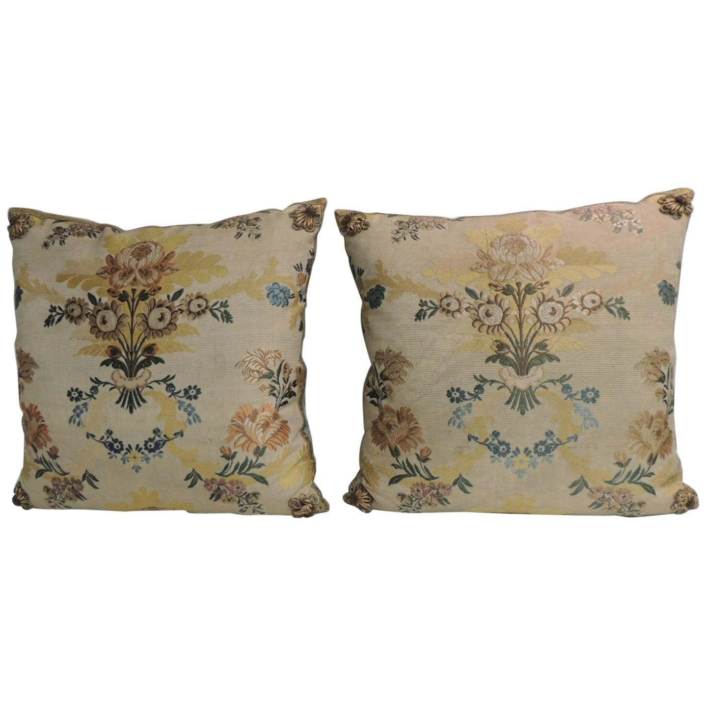 Pair of Antique French Silk Brocade Yellow and Blue Decorative Pillows
