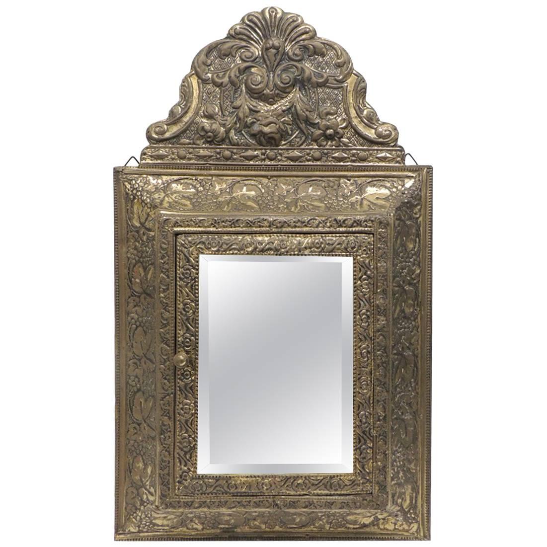 CLOSE OUT SALE: Antique Brass Vanity Reliquary with Mirrored Door & Coat Brushes