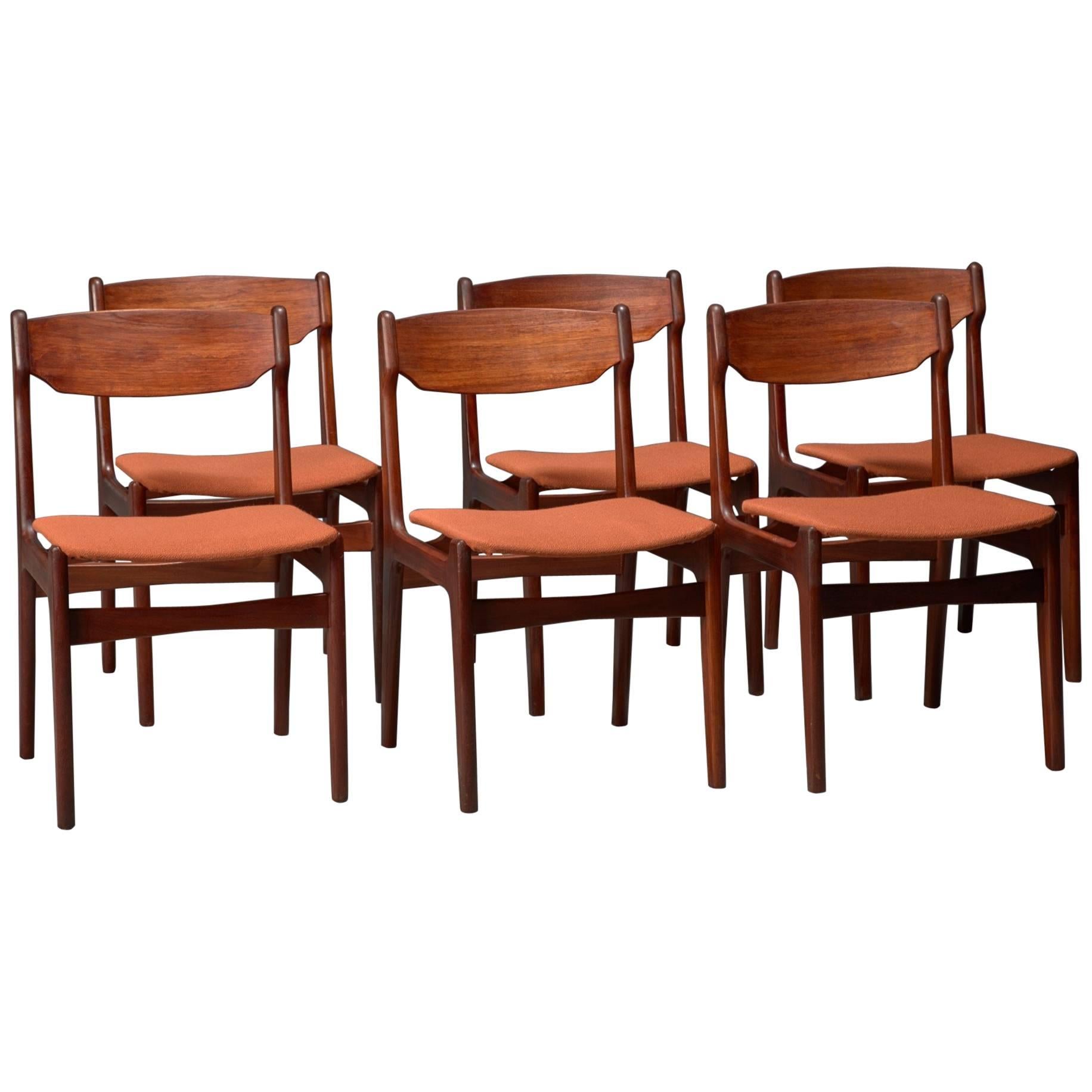 Set of Six Teak and Orange Fabric Dining Chairs