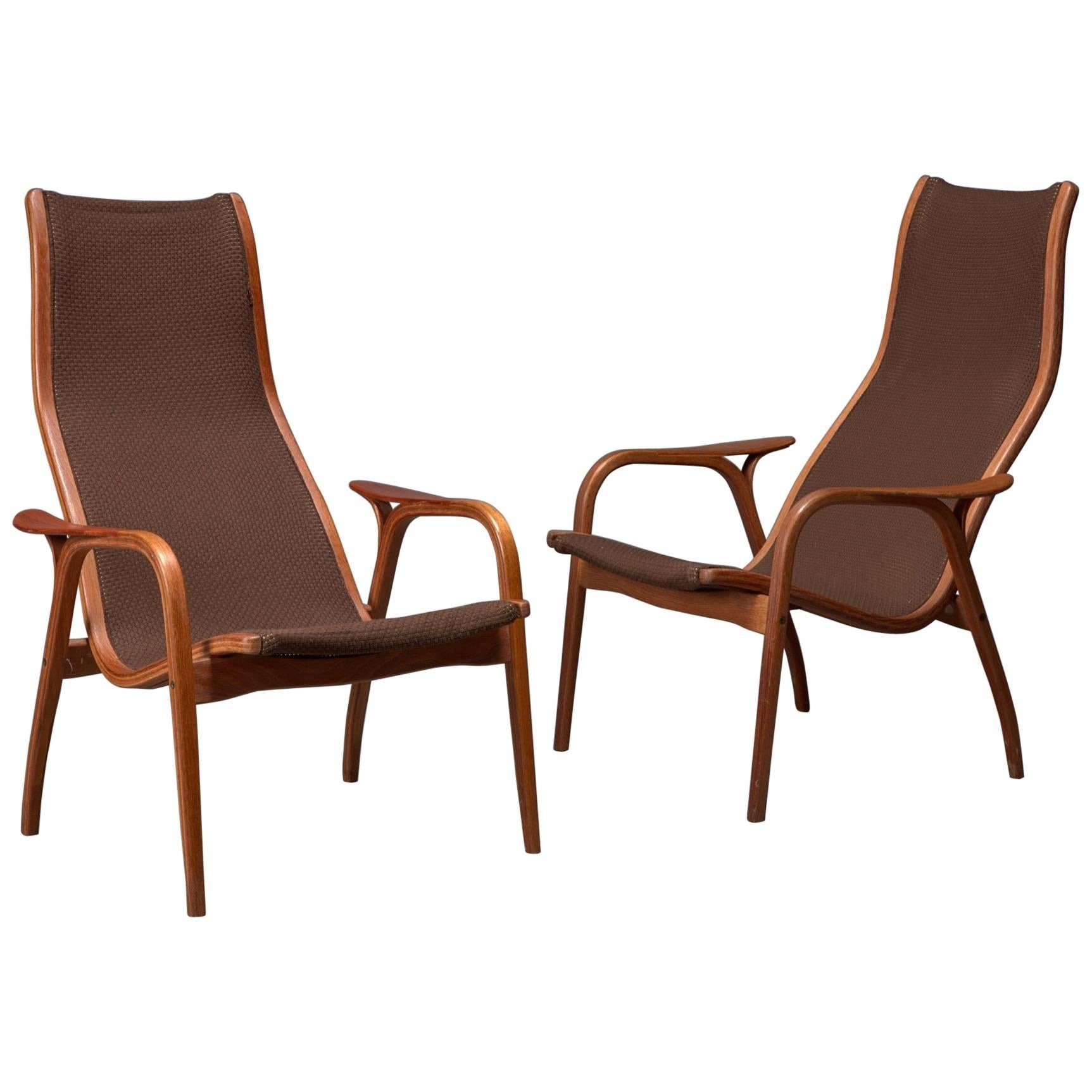 Pair of Oak and Teak Lamino Lounge Chairs by Yngve Ekstrom