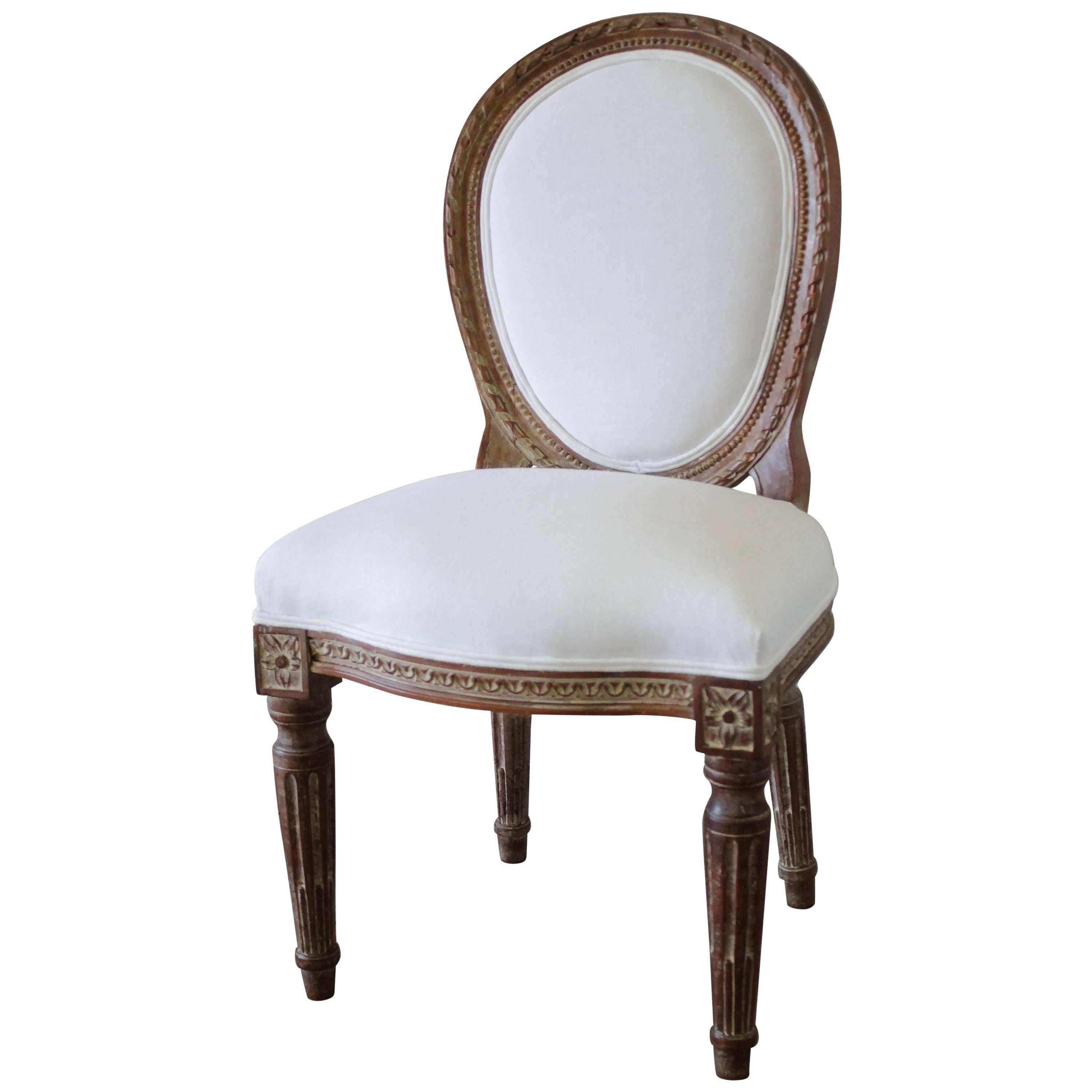 19th Century Antique Louis XVI Style Vanity Chair Upholstered in Belgian Linen