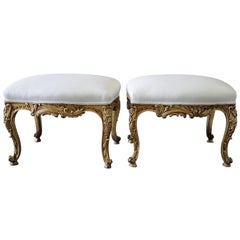 Early 20th Century Giltwood Upholstered Ottomans in White Linen