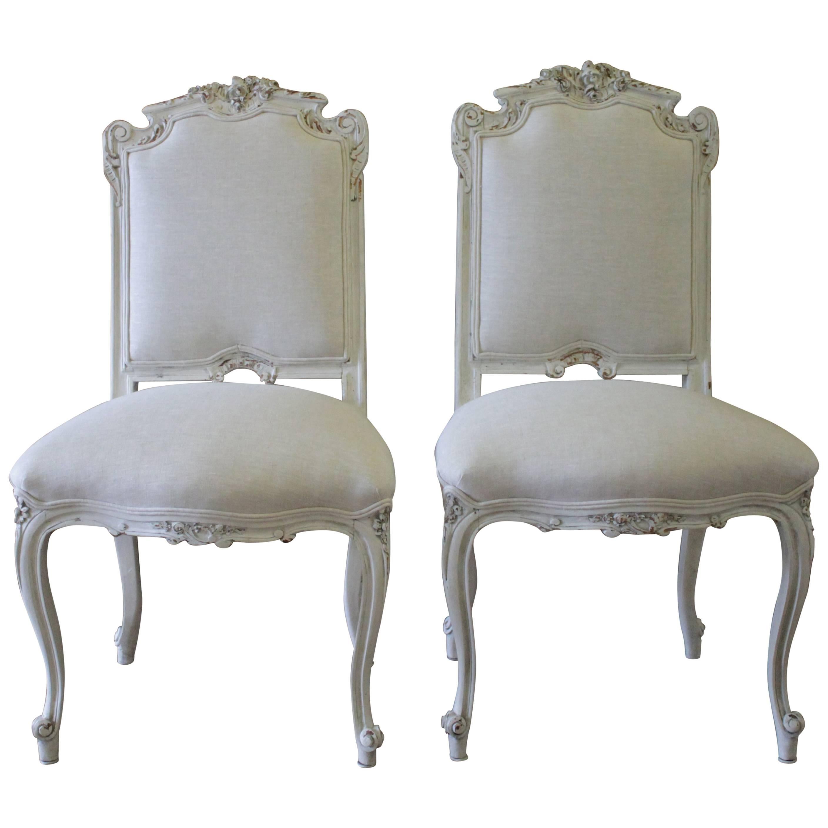 19th Century Antique Carved and Painted Rococo Style Vanity Chairs in Linen