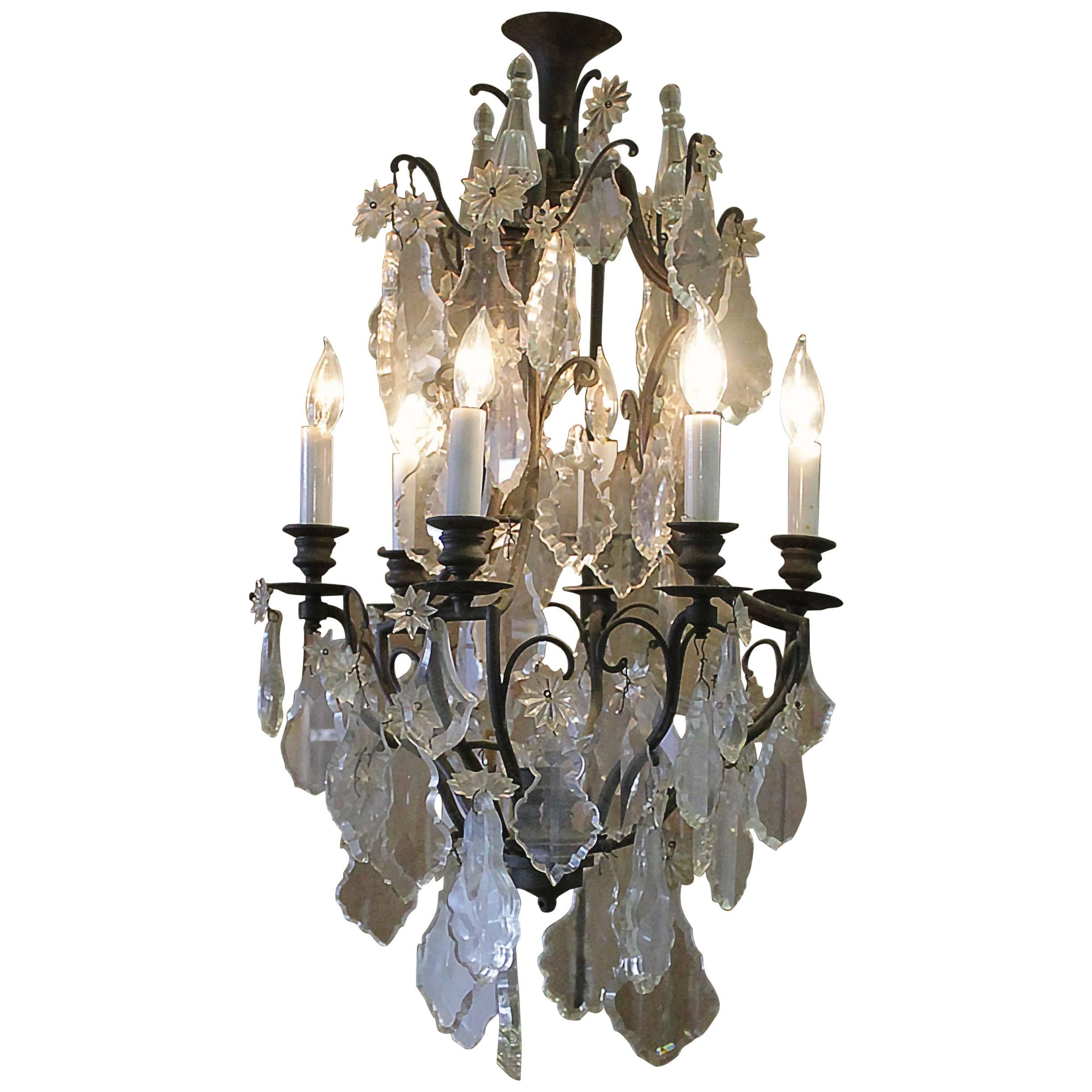 19th Century French Bronze and Crystal Six-Light Chandelier