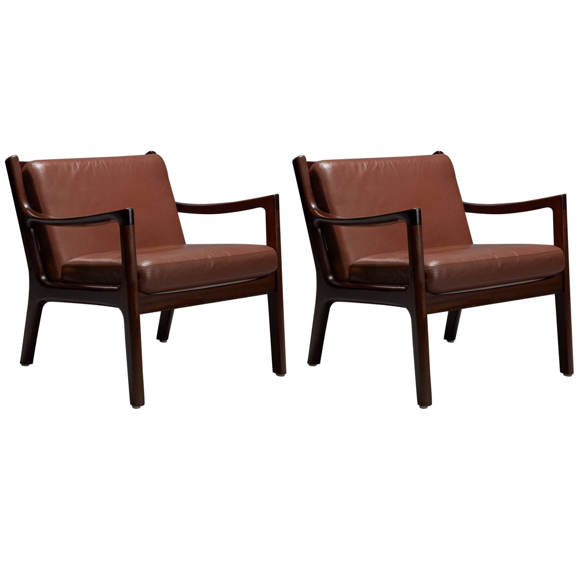 Pair of Senator Chairs by Ole Wanscher in Brown Leather