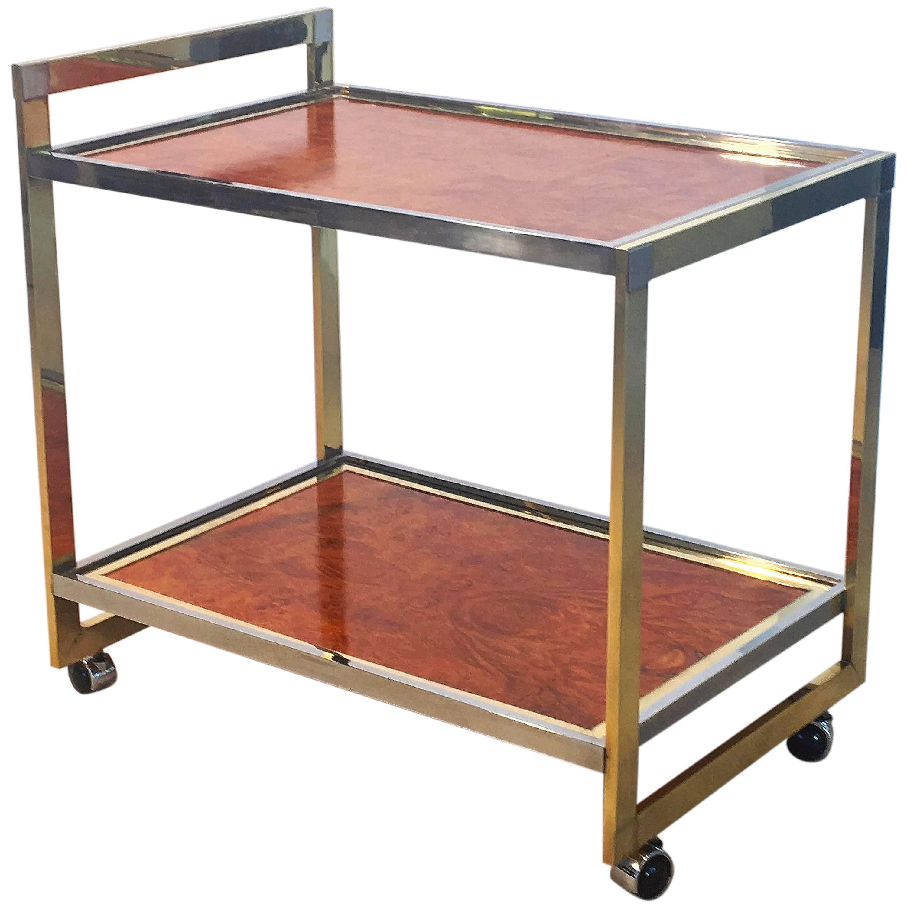 Drinks Cart of Brass, Chrome, and Burled Wood in the style of Willy Rizzo For Sale