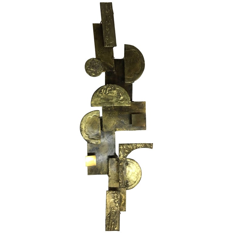 Brutalist Metal Brass 1970s Signed Sculpture Wall Hanging at 1stDibs