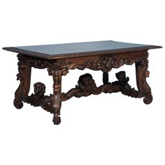 Exceptional Antique Hand-Carved French Library Table with Cherubs
