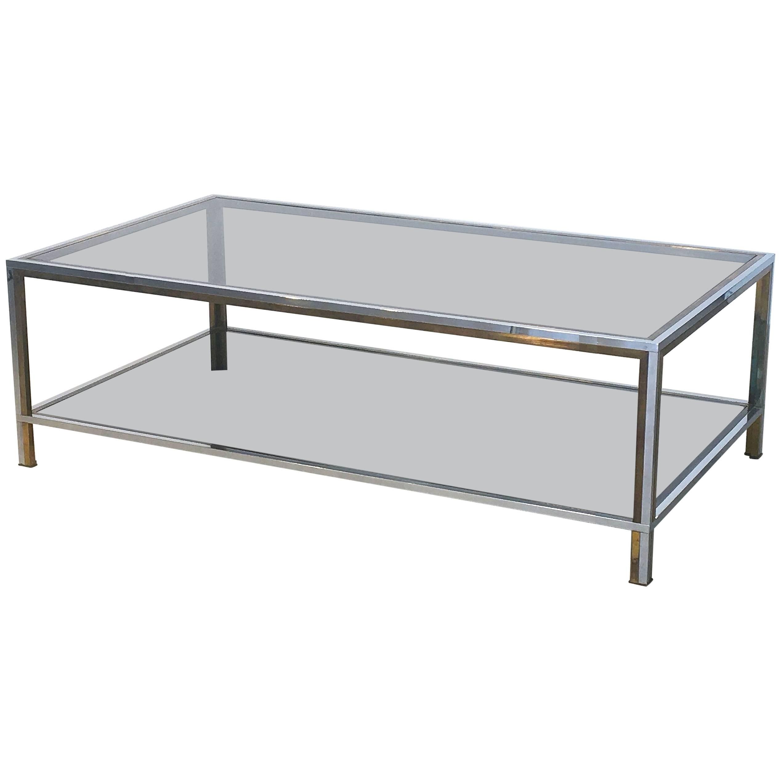 Large French Rectangular Low Table of Chrome, Brass and Smoked Glass