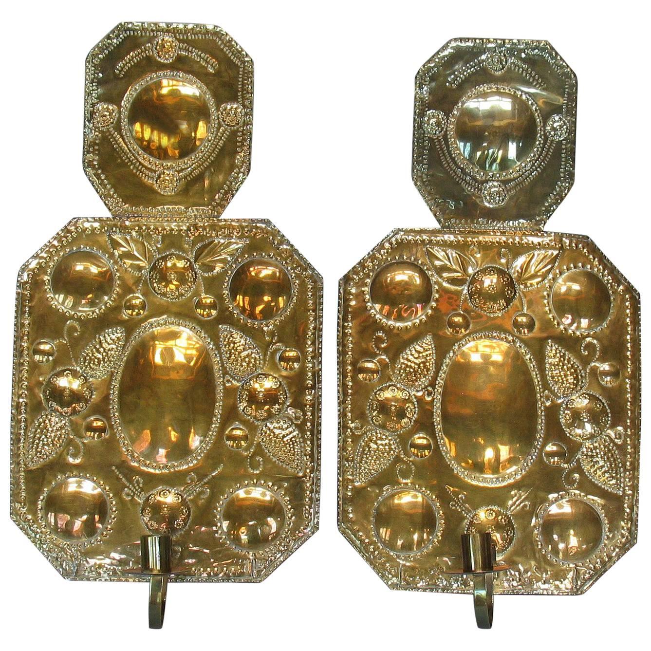 Pair of Swedish Arts & Crafts Brass Repoussé One Light Wall Candle Sconces