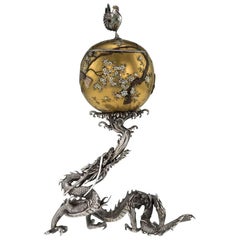 Antique Japanese Solid Silver, Enamel and Shibayama Dragon, Kazumi, circa 1890