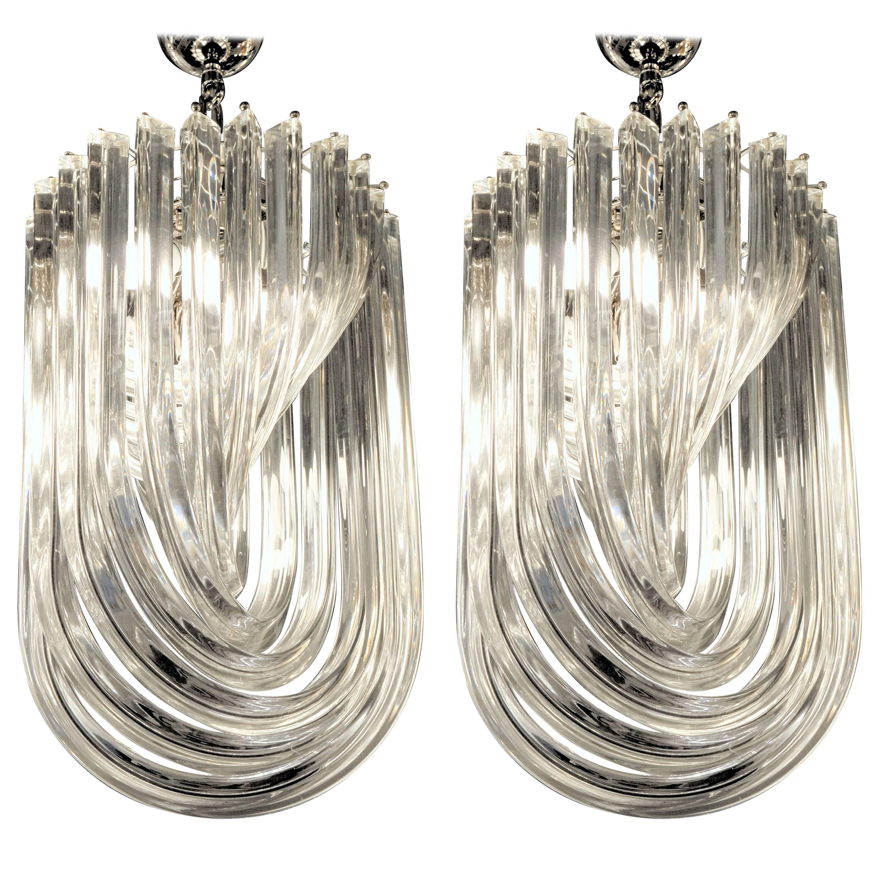 Carlo Nason Certified, Pair of Mid-century Curvati Chandeliers Clear Triedri, 80