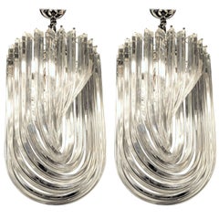Antique Carlo Nason Certified, Pair of Mid-century Curvati Chandeliers Clear Triedri, 80