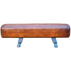 Vintage Gymnastic Leather Pommel Horse Bench, 1930s, Restored