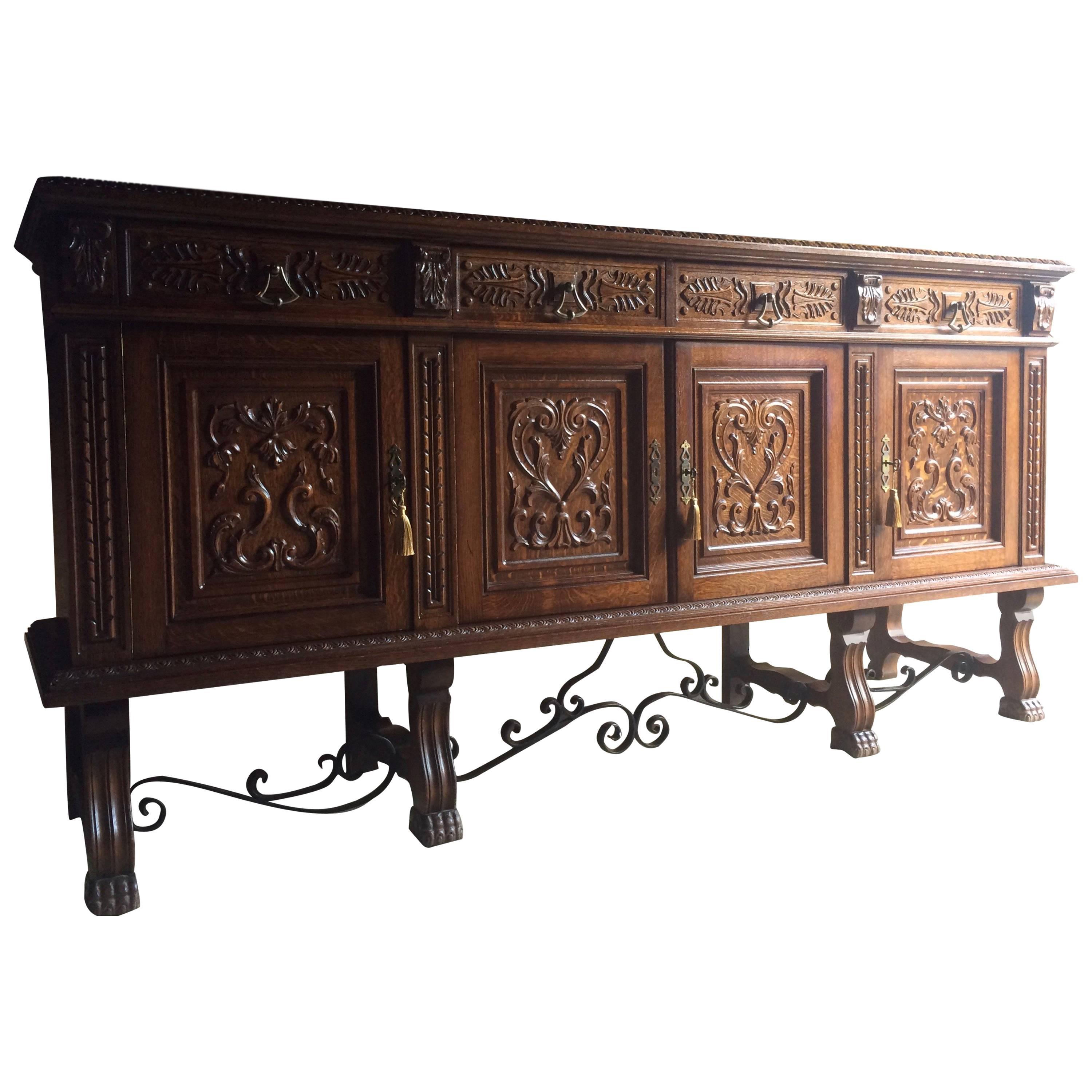 Antique Style French Sideboard Credenza Buffet Heavily Carved Oak Large