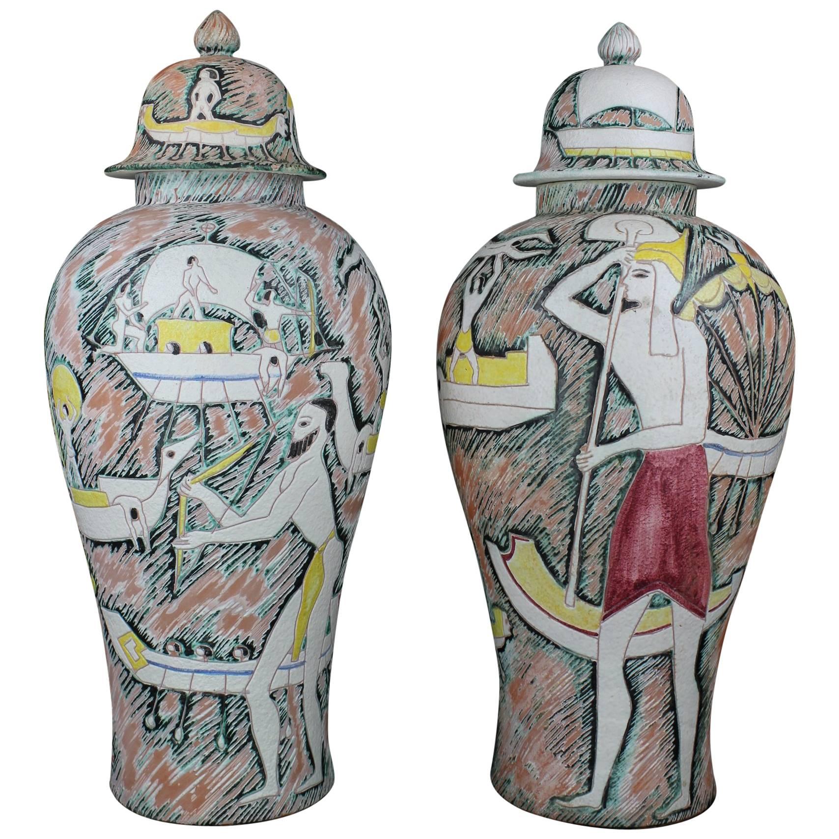 Monumental Pair of Marcello Fantoni Etruscan Sgraffiti Vases with Covers For Sale