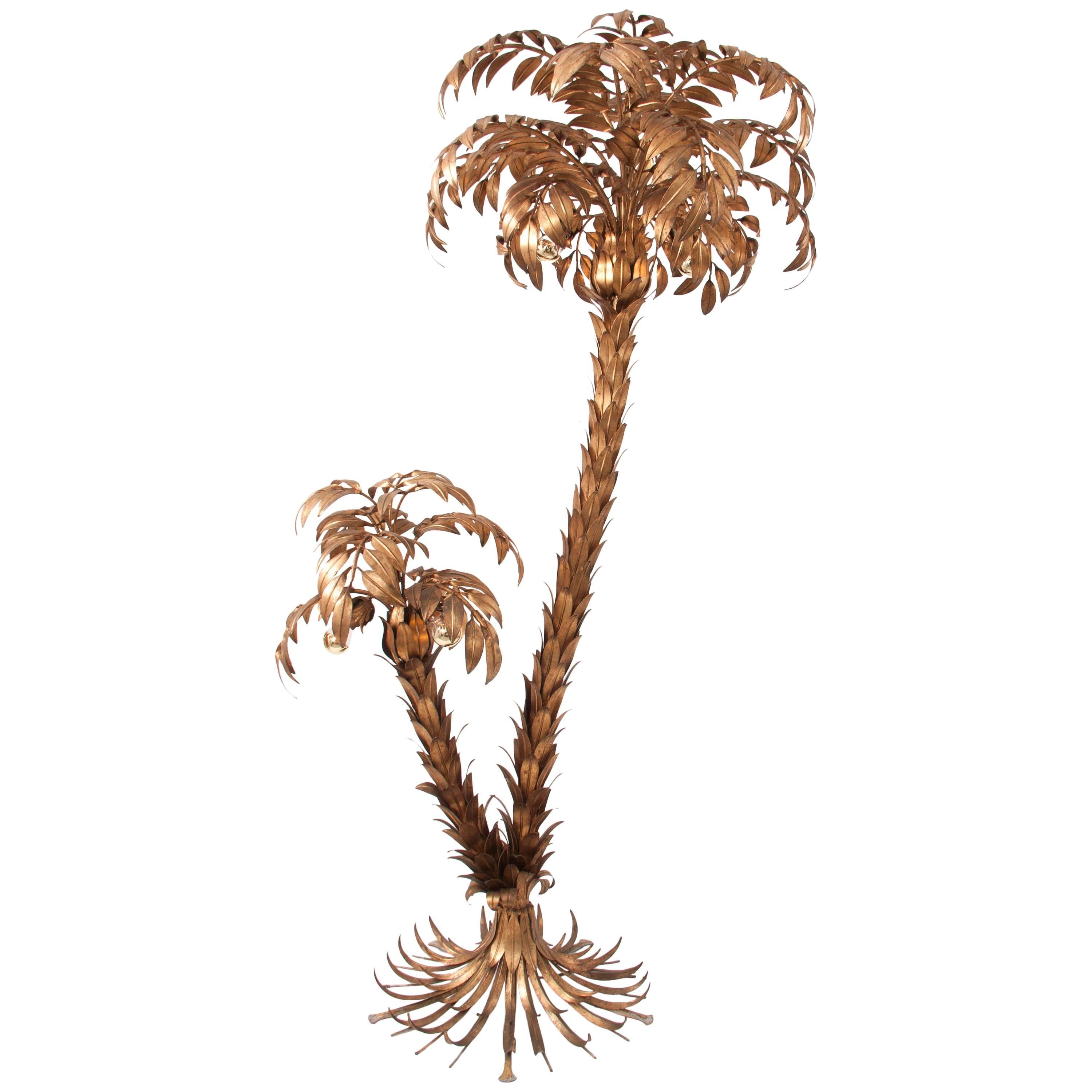 Huge Gilt Metal Double Stem Palm Tree Floor Lamp, Hans Kögl, Germany, 1970s