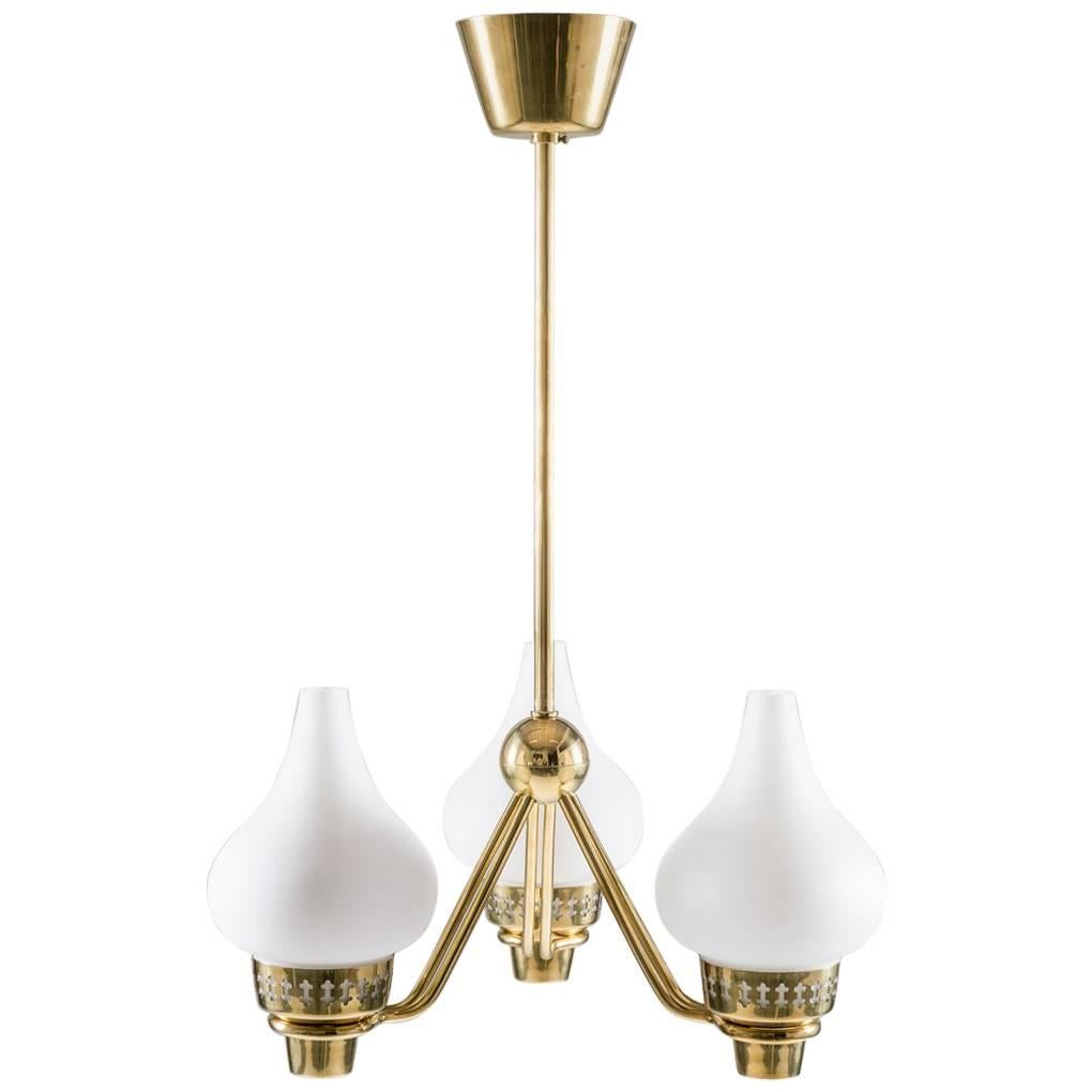 Swedish Chandelier in Brass and Opaline Glass by Hans Bergström for ASEA For Sale