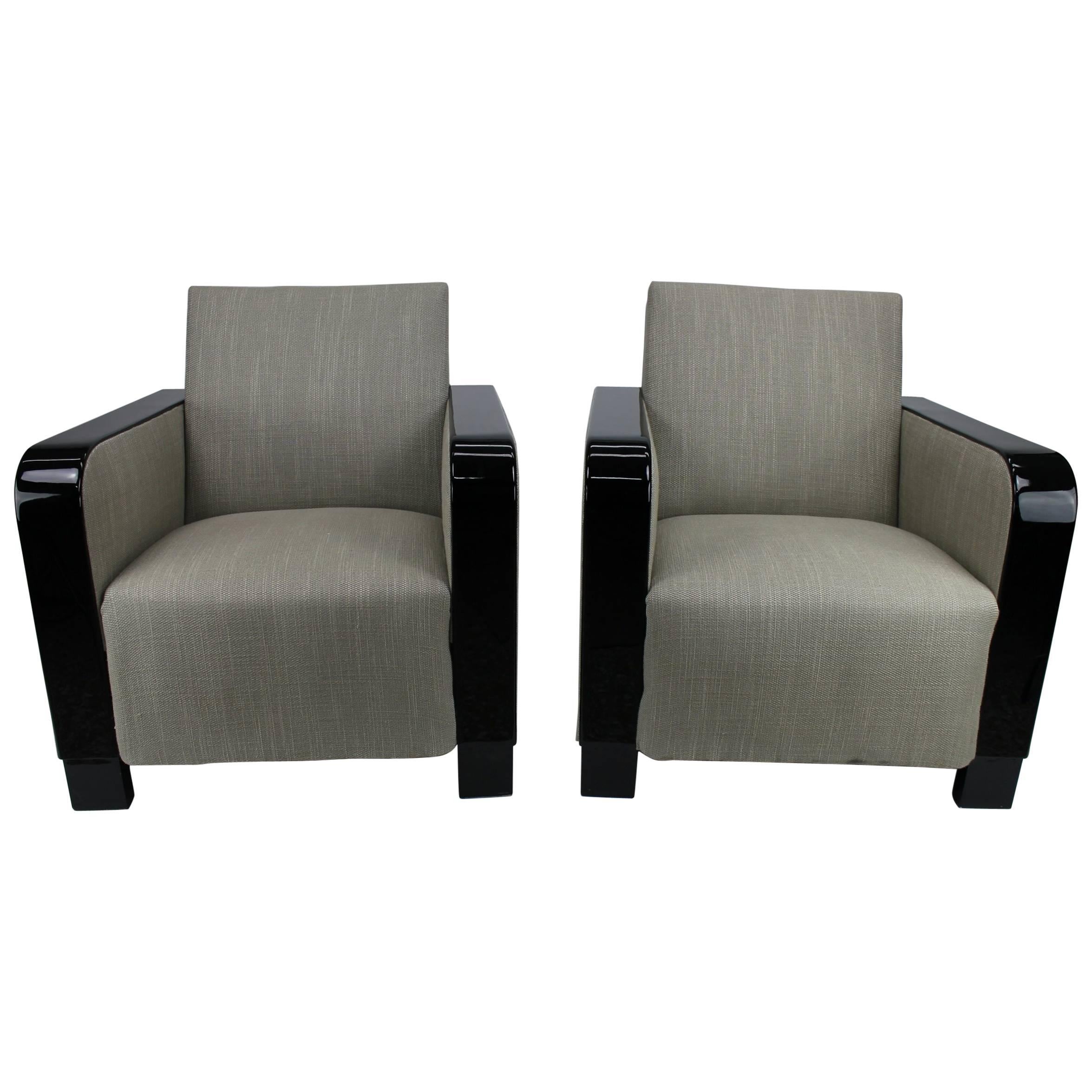 Pair of Swedish Art Deco 1930s Black Lacquered Lounge Chairs