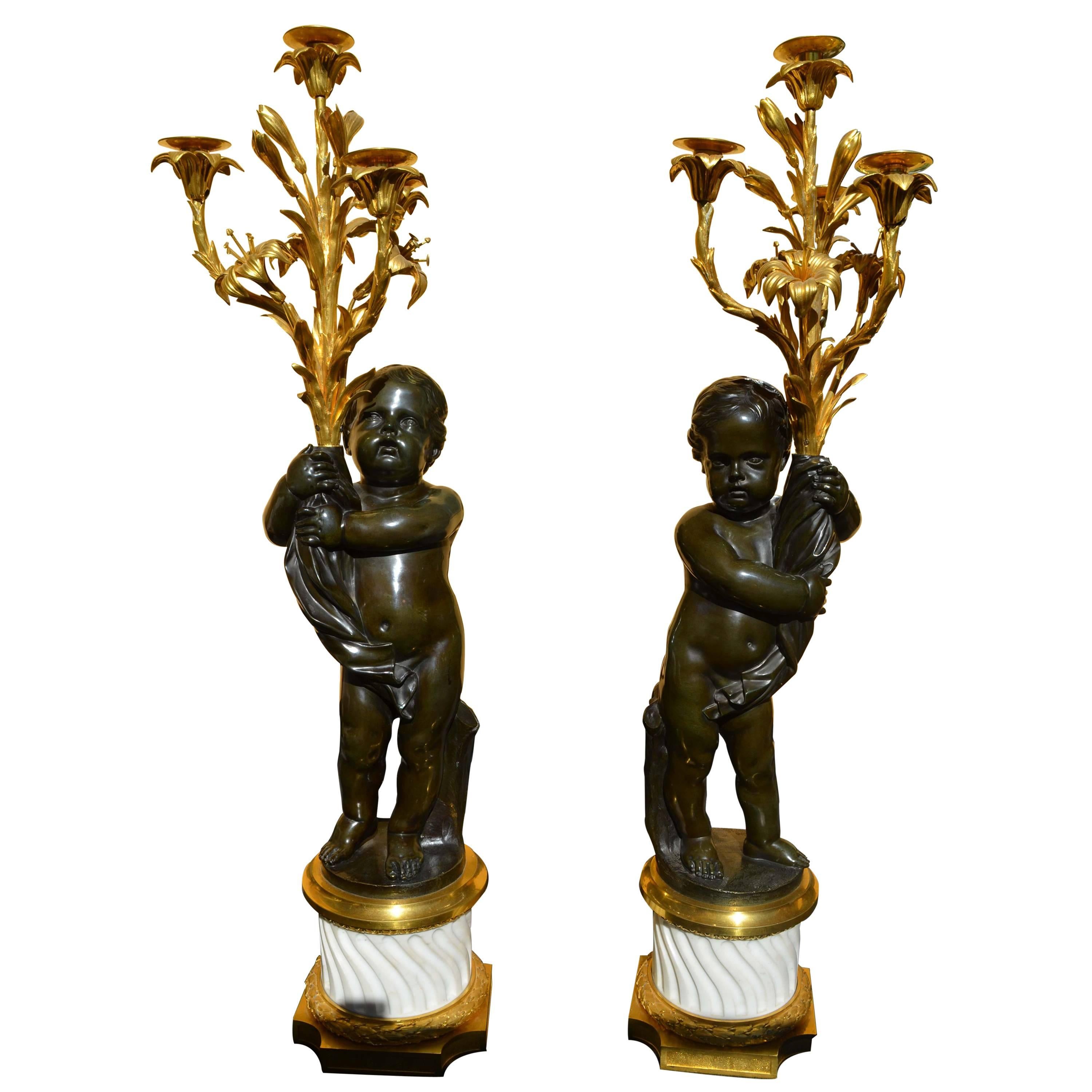 Pair of Large Louis XVI Gilt & Patinated Bronze Candelabra Attributed to Clodion For Sale