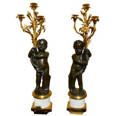 Pair of Large Louis XVI Gilt & Patinated Bronze Candelabra Attributed to Clodion