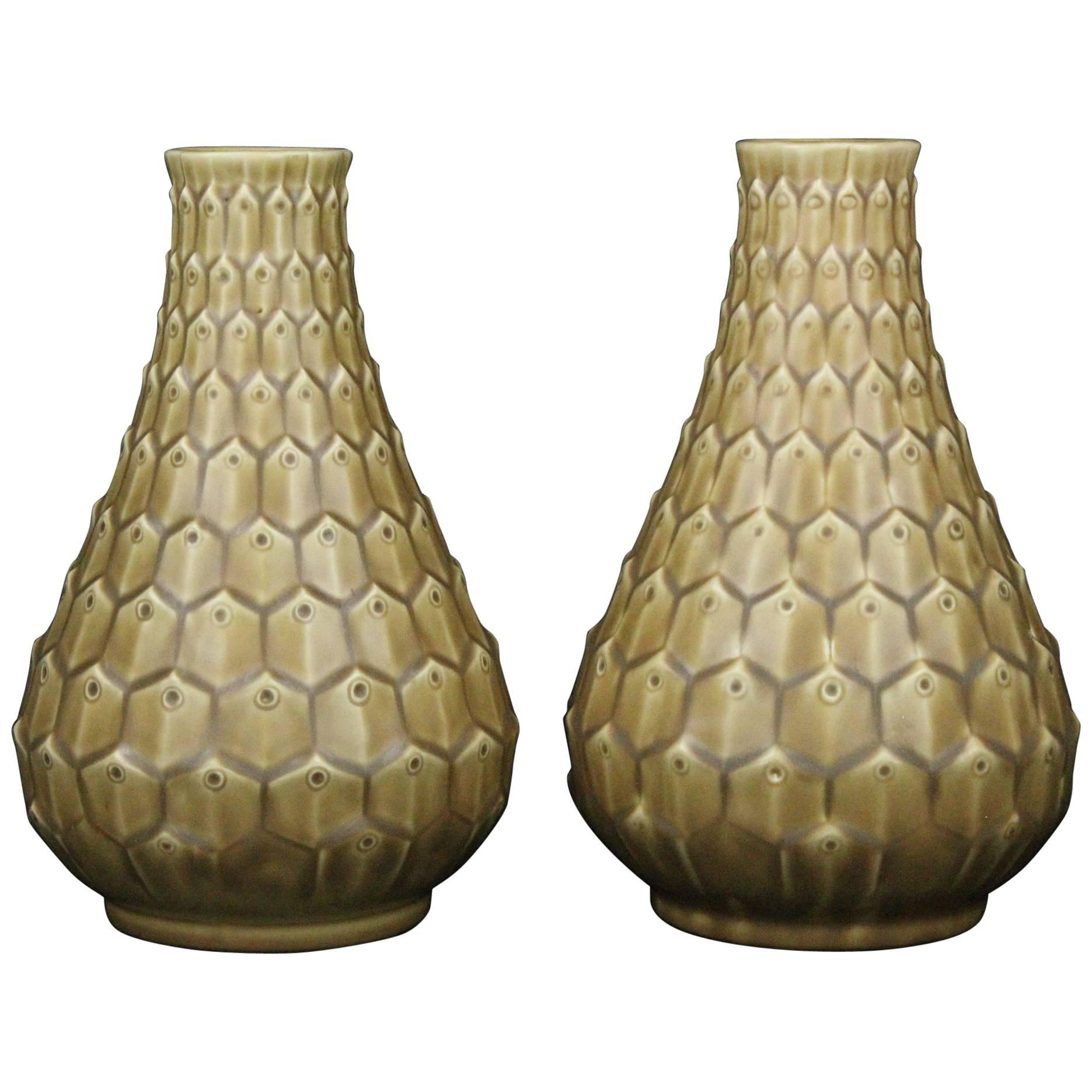 Pair of Very Unusual Peacock Pattern Vases by Ewald Dahlskog for Bo Fajans