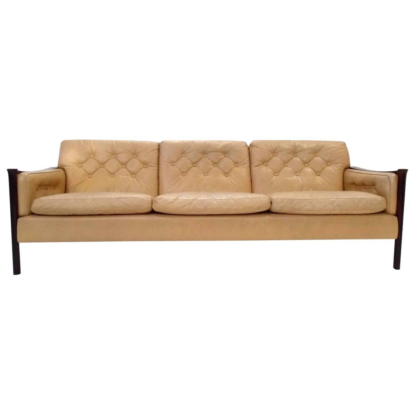 Norwegian Cream Leather and Rosewood Three-Seat Sofa by Torbjørn Afdal