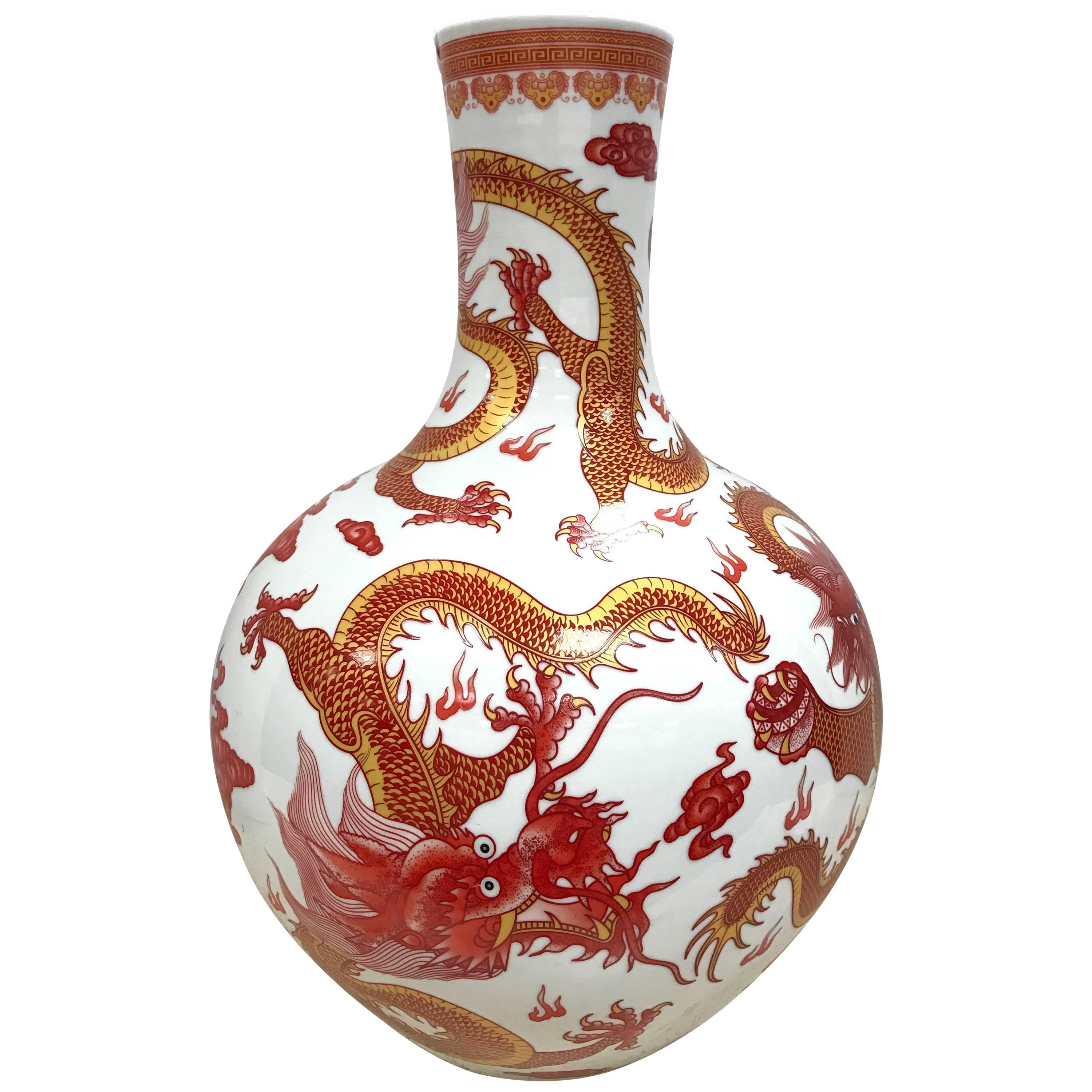 Chinese Orange and White Dragon Vase For Sale