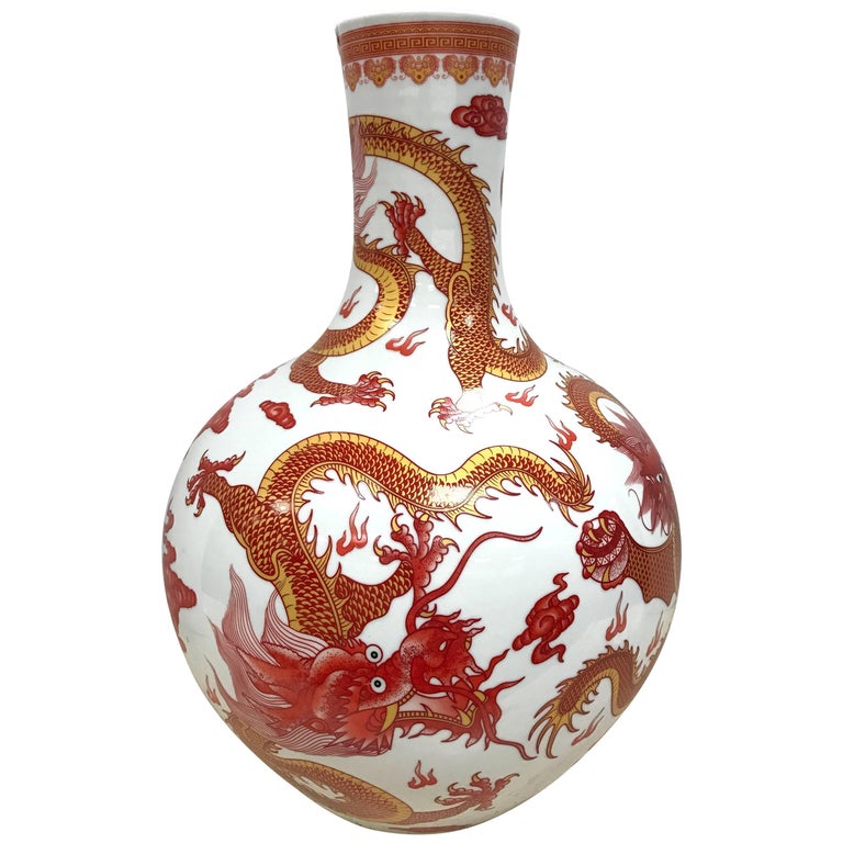 Chinese Orange and White Dragon Vase For Sale at 1stDibs