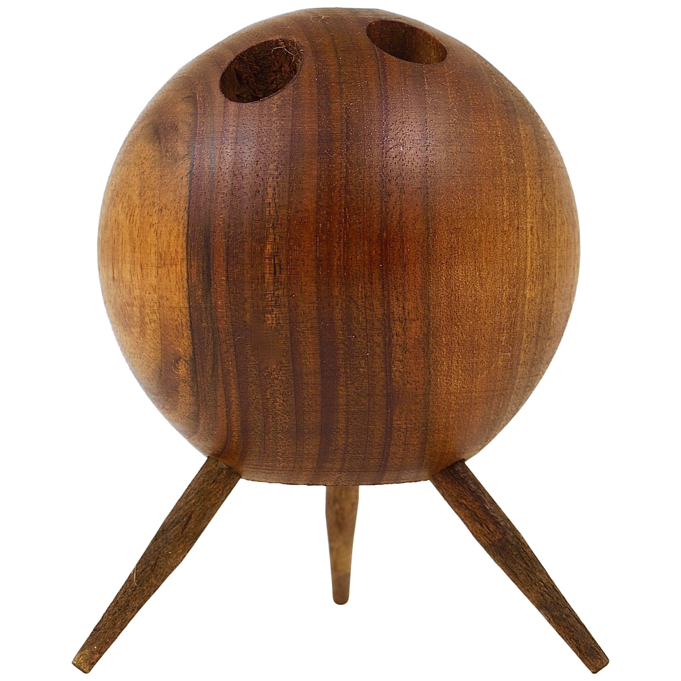 Walnut Ball Tripod Candlestick Candleholder, Austria, 1950s For Sale