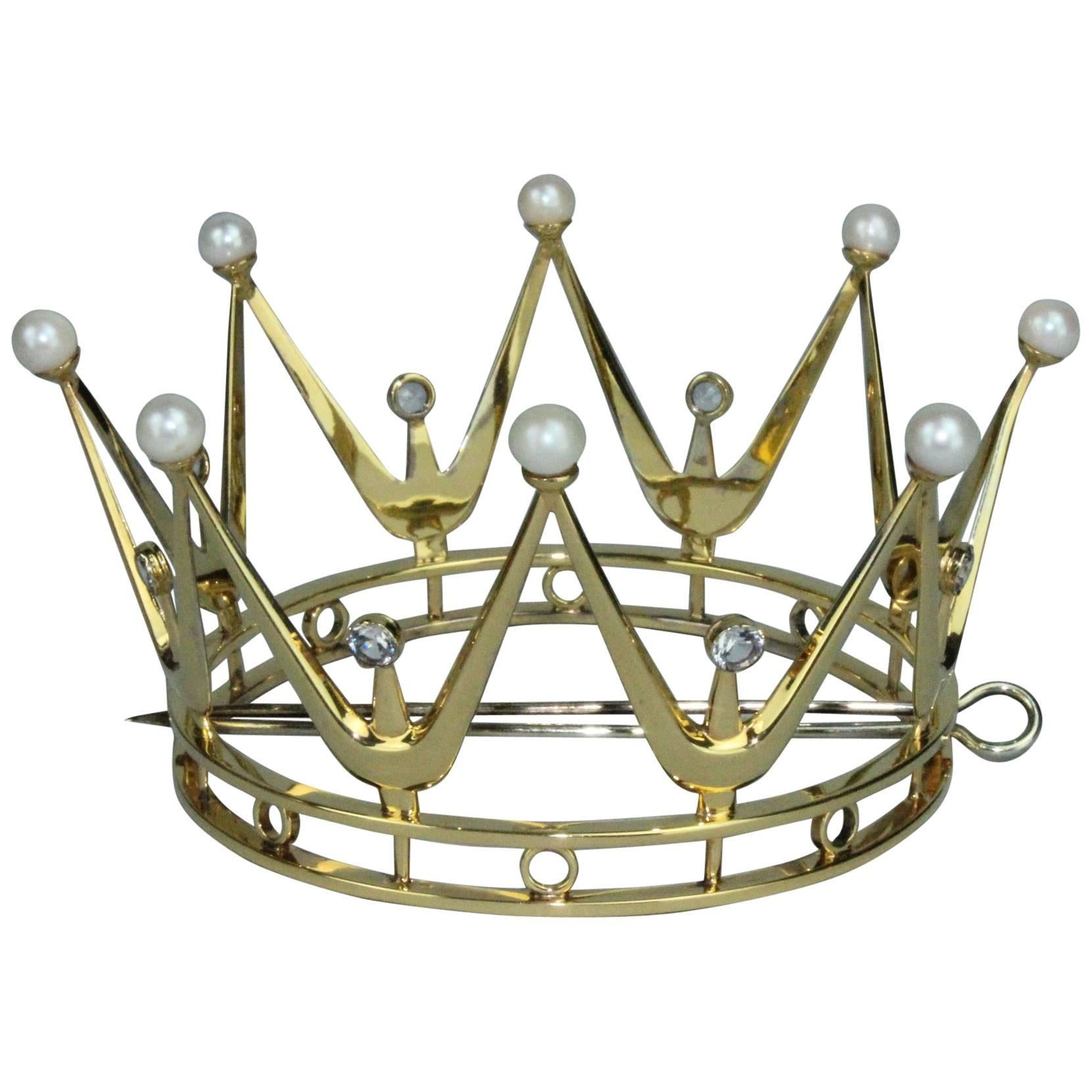 Bridal Crown in Gilt Silver, Pearls and Rock Crystal
