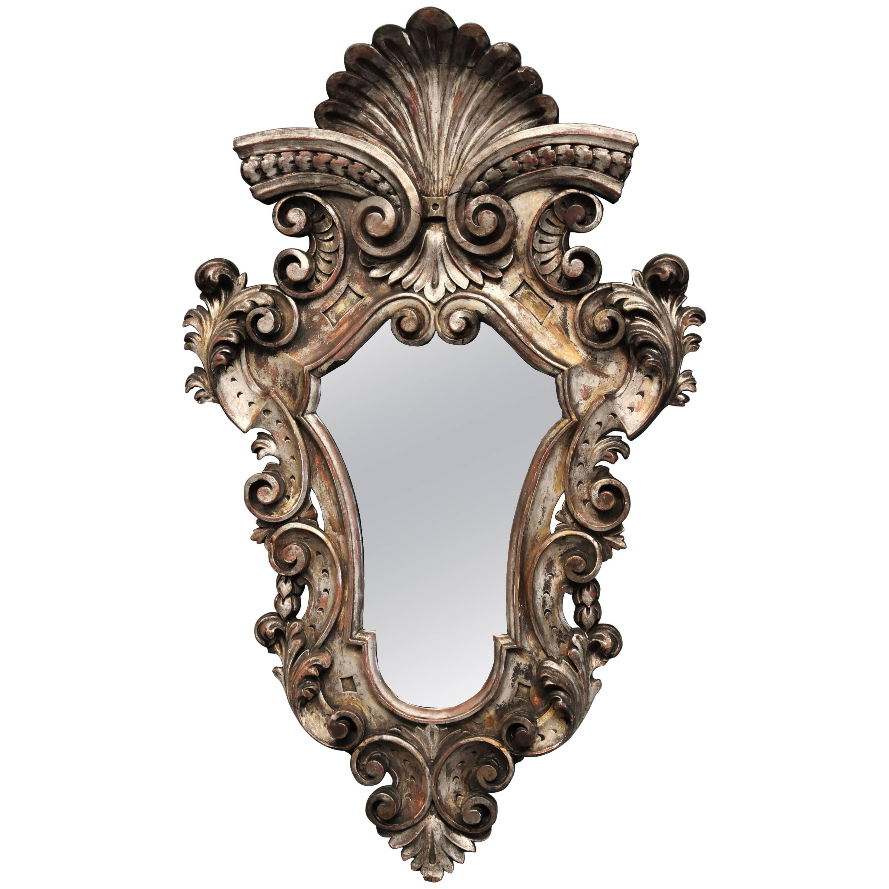 Highly Decorative Late 19th Century Italian Silver Giltwood Rococo Style Mirror