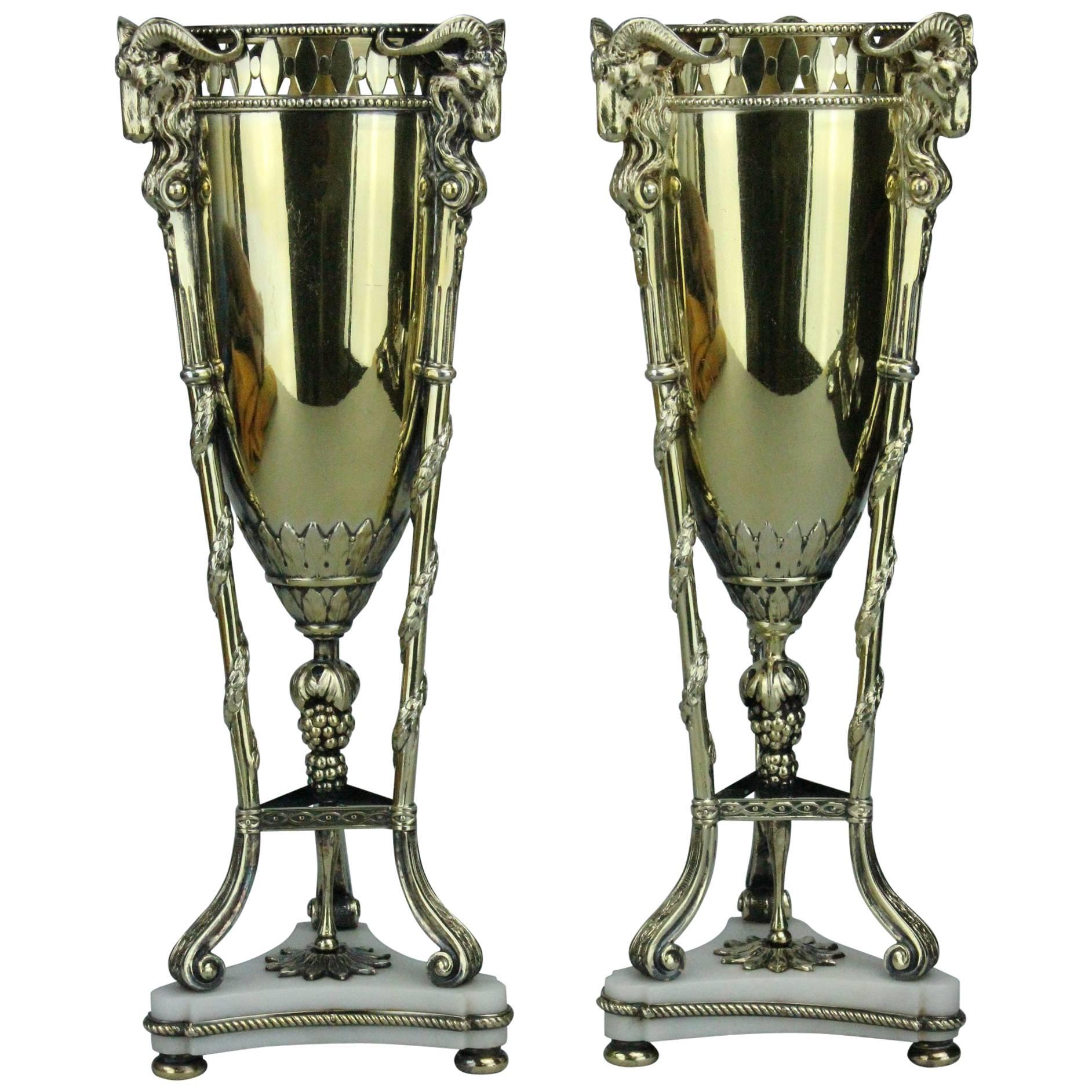 Magnificent Pair of Swedish Gilt Silver and Marble Vases by C G Hallberg, 1912