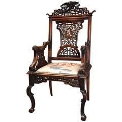 Exquisite and Rare French 19th Century Japanese Style Carved Walnut Armchair