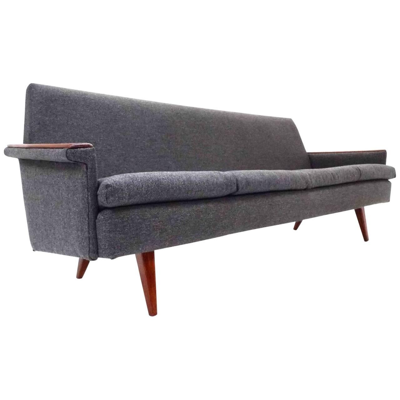 Norwegian Dark Grey Wool Teak Three-Seat Sofa Midcentury Upholstered, 1960s