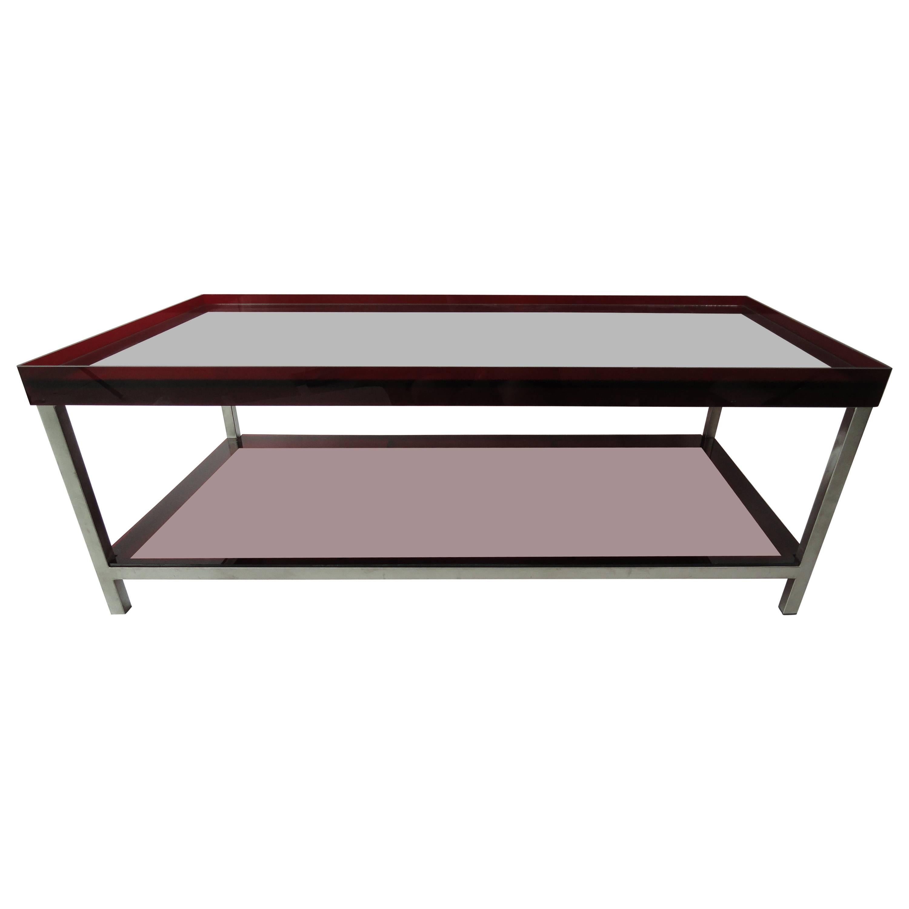 Modern Red Acrylic and Steel Coffee Table For Sale